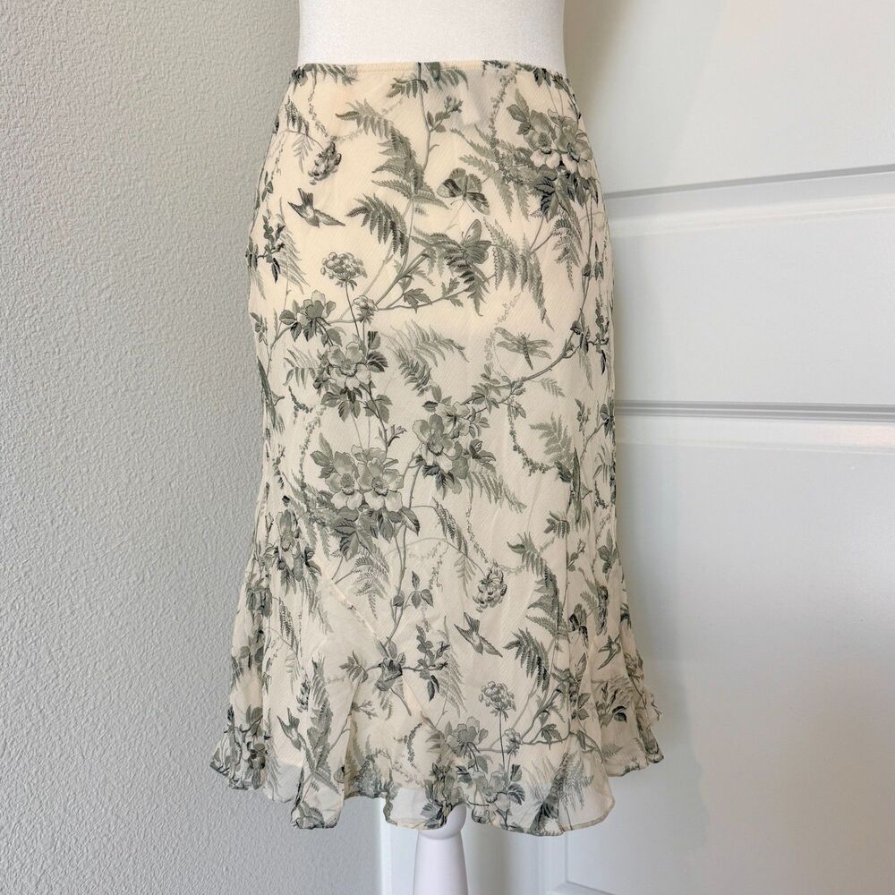 Vintage Express Ivory/Gray Floral Midi Skirt 100% Silk 90s Whimsical Fairy Sz XS - Picture 2 of 3
